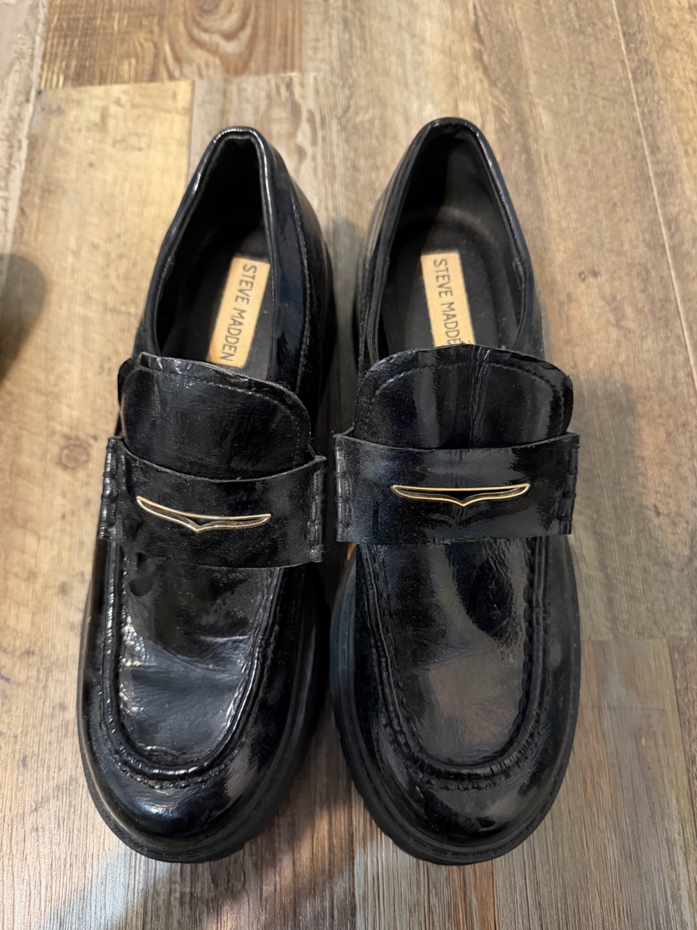 Steve Madden Black Patent Leather Slip-On Loafers with Gold Accent